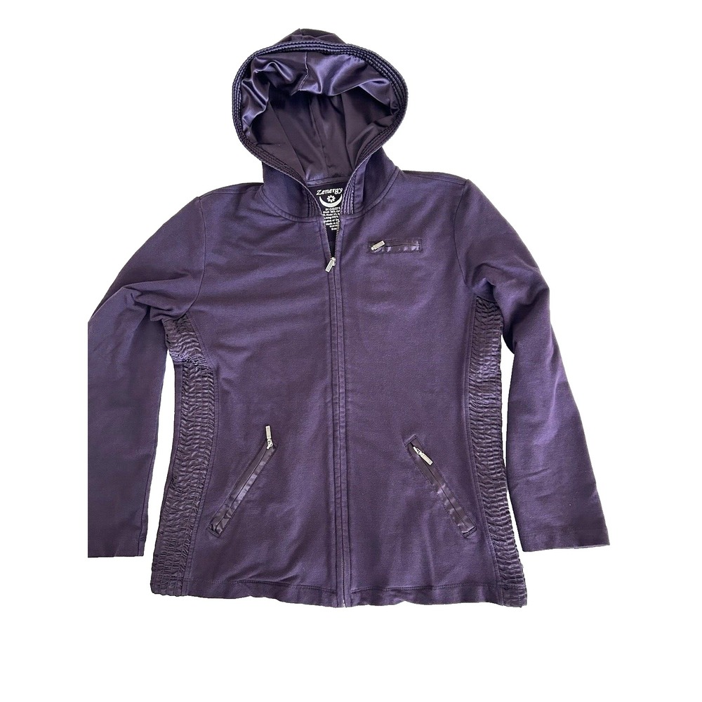 Zenergy By Chicos Women Size 1 Jacket‎ Purple Full Zip Hooded Rouching GORP